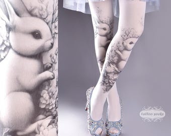 Tattoo Tights - floral Bunnies, white one size full length printed closed toe tights pantyhose, tattoo socks, alice in wonderland, romantic