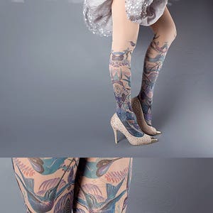 Exotic Birds Closed Toe nude color one size full length printed tights, pantyhose, nylons, tattoo socks, tattoo tights, Plus Size option image 5