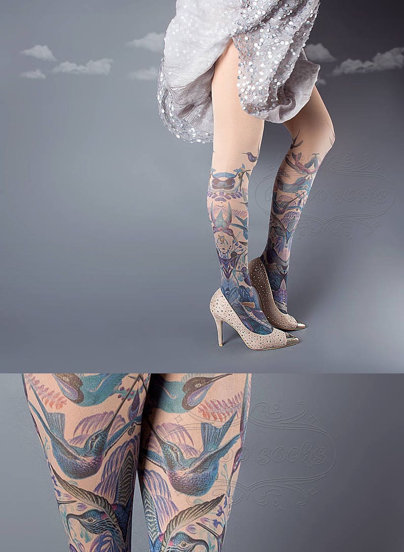 Exotic Birds Closed Toe nude color one size full length printed tights, pantyhose, nylons, tattoo socks, tattoo tights, Plus Size option image 5