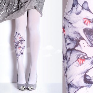 Tattoo Tights Wolfs white full length closed toe pantyhose tattoo socks ,printed tights image 1