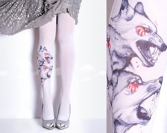 Tattoo Tights -  Wolfs white full length closed toe pantyhose tattoo socks ,printed tights