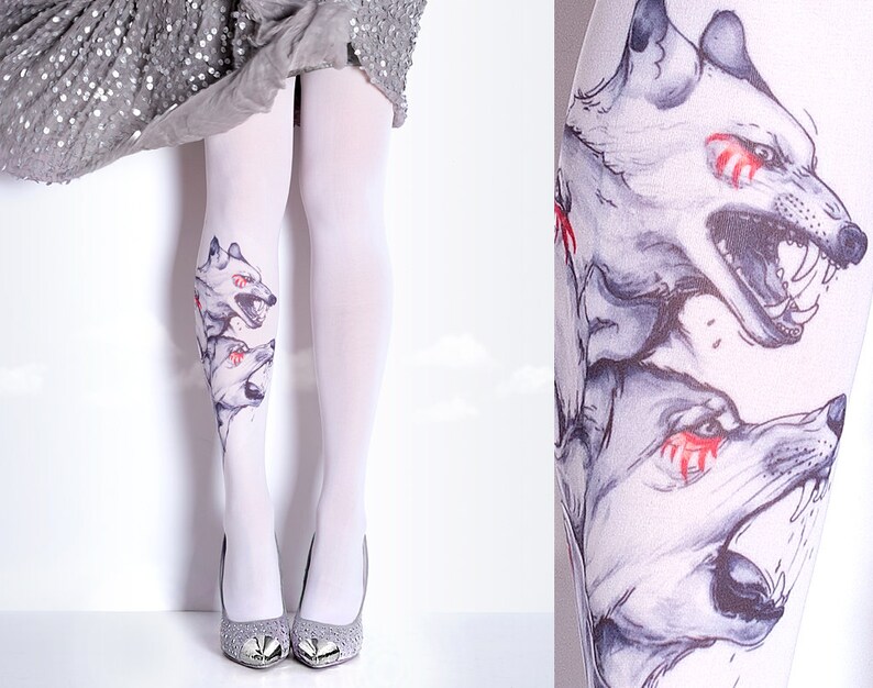 Tattoo Tights Wolfs white full length closed toe pantyhose tattoo socks ,printed tights image 1