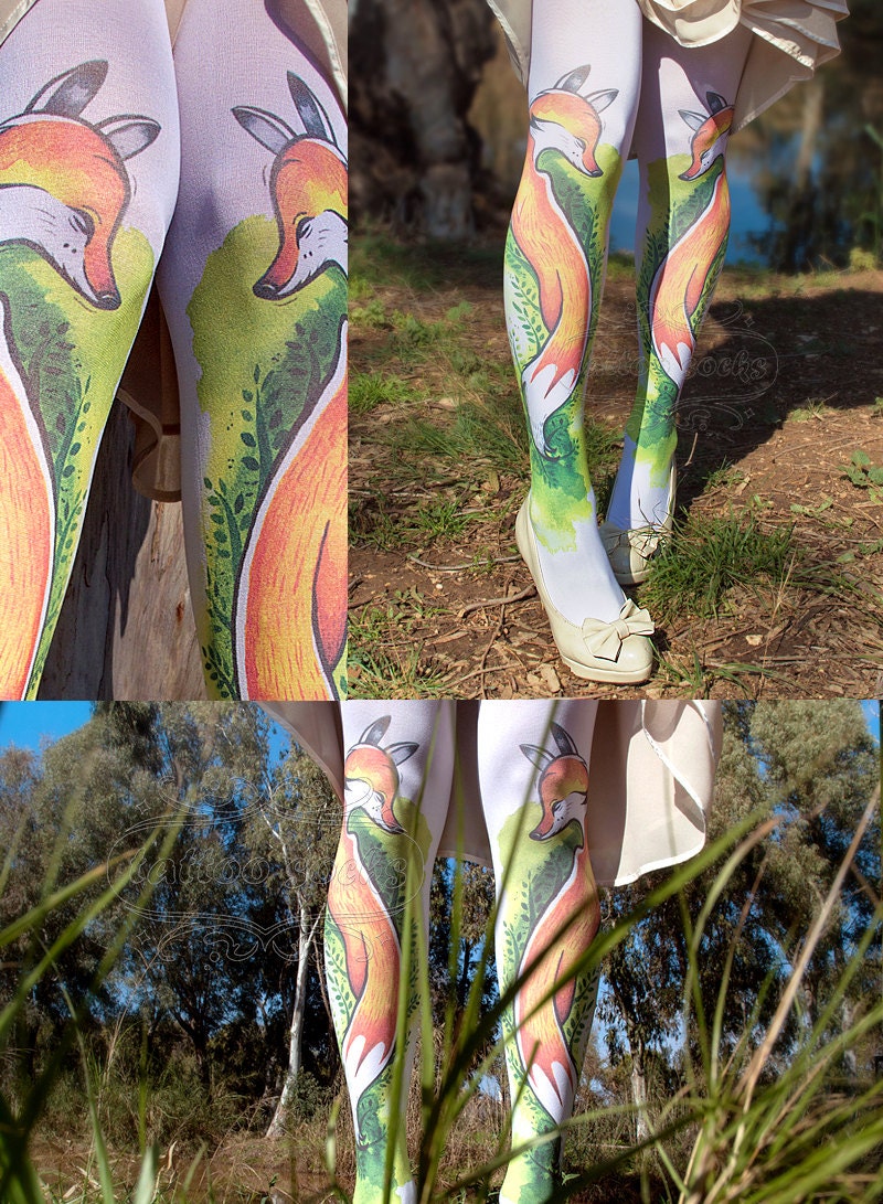 Tattoo Tights, Fox Tights white Closed Toe one size full length printed tights, pantyhose, nylons, tattoo socks