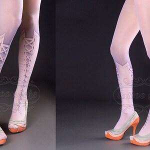 Tattoo Tights Lolita Corset Light Pink one size full length printed closed toe tights pantyhose, tattoo socks, lace up 3D illusion image 2