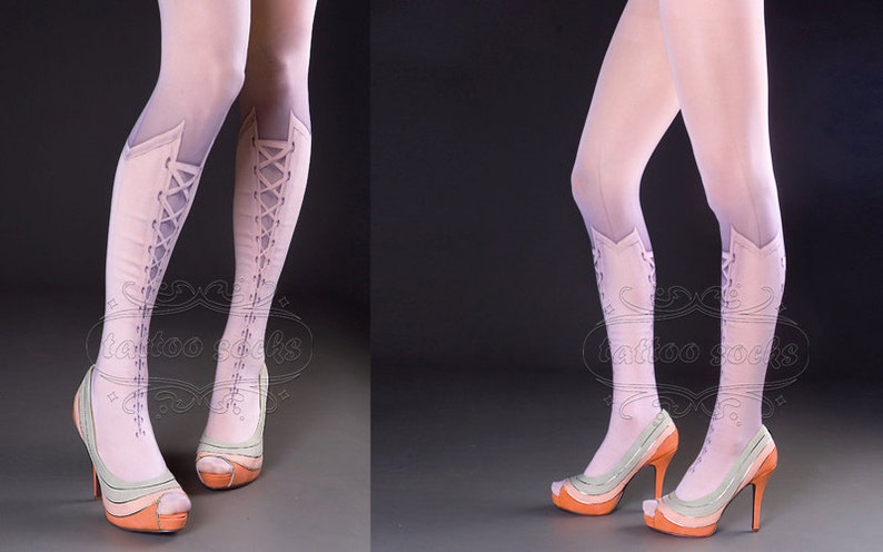 Tattoo Tights Lolita Corset Light Pink one size full length printed closed toe tights pantyhose, tattoo socks, lace up 3D illusion image 2