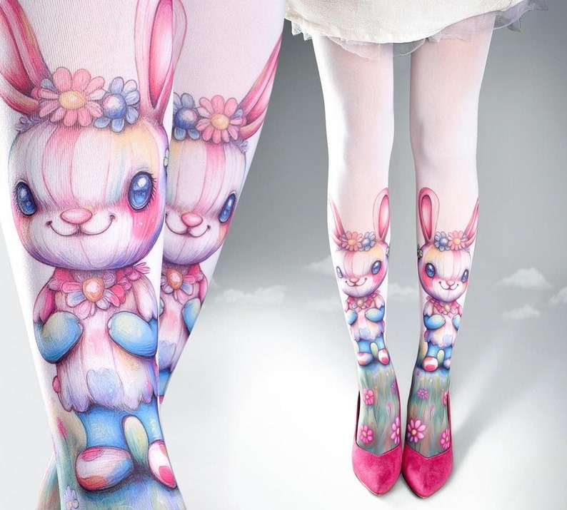 Fantastic floral Bunnies, white one size full length printed closed toe tights pantyhose, tattoo socks, alice in wonderland, Tattoo Tights image 1
