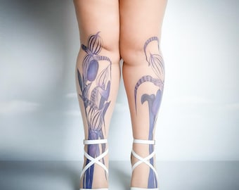 Tattoo Tights -  Floral nude one size full length closed toe pantyhose tattoo socks ,printed tights, Plus Size option