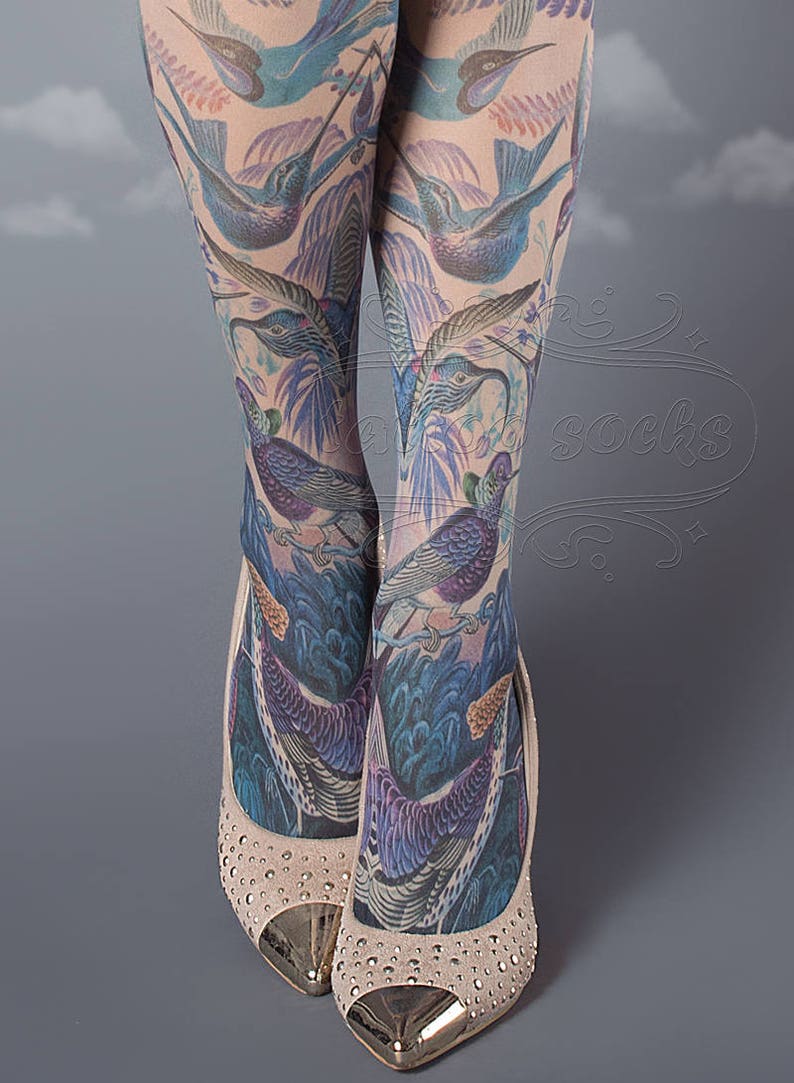 Exotic Birds Closed Toe nude color one size full length printed tights, pantyhose, nylons, tattoo socks, tattoo tights, Plus Size option image 4