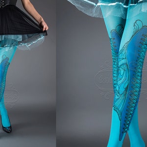 NEW cyan one size Elizabeth full length printed tights closed toe corset drawing pantyhose tattoo tights by tattoo socks image 5