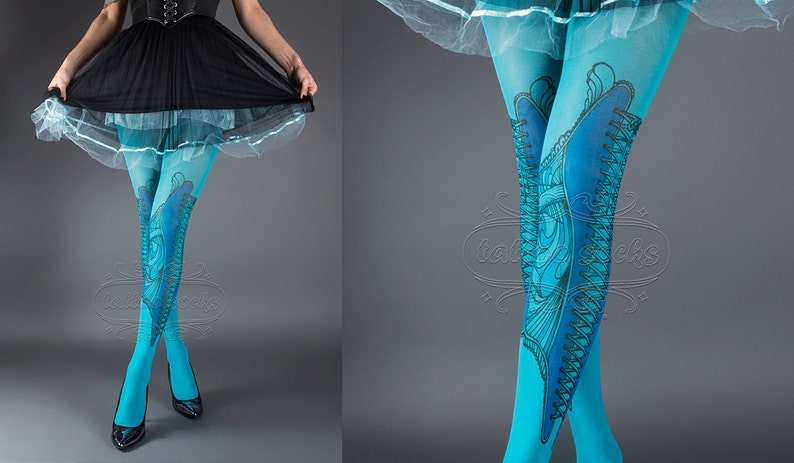 NEW cyan one size Elizabeth full length printed tights closed toe corset drawing pantyhose tattoo tights by tattoo socks image 5