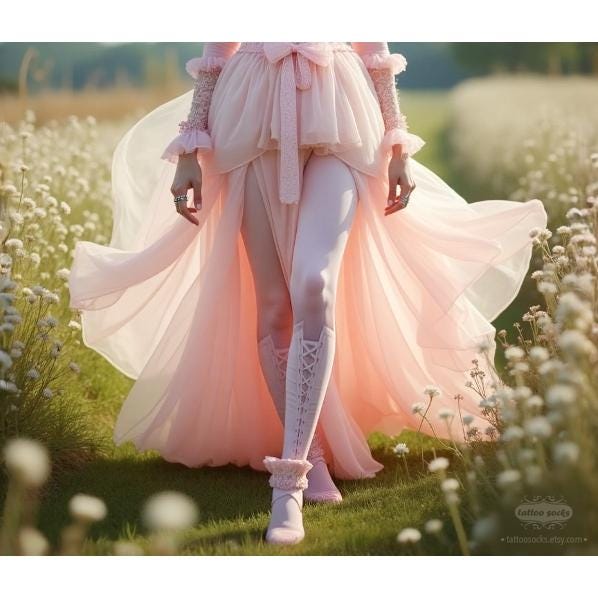 Tattoo Tights - Lolita Corset Light Pink one size full length printed closed toe tights pantyhose, tattoo socks, lace up 3D illusion