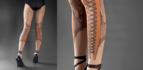 Tattoo Tights Elizabeth Nude Color One Size Full Length Printed