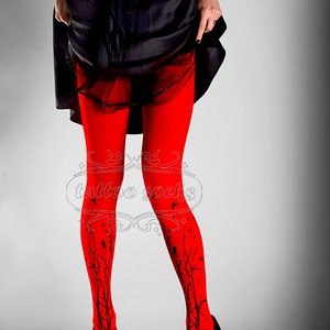 Tattoo Tights Red one size Forest Symphony full length closed toe printed tights pantyhose, tattoo socks, printed nylons image 4