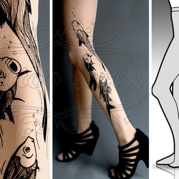 new: S/M sexy Aquarium tattoo tights / stockings/ full length / pantyhose / nylons LIGHT Mocha