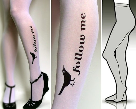 Large/extra Large Sexy, Funny and Flirty FOLLOW ME Twitter Tattoo Tights /  Stockings / Full Length / Pantyhose / Nylons WHITE -  Canada