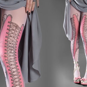 NEW light pink one size Elizabeth full length printed tights closed toe corset drawing pantyhose tattoo tights by tattoo socks, pattern, art