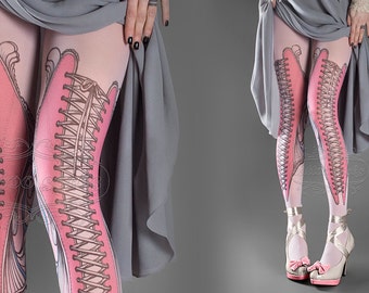 NEW light pink one size Elizabeth full length printed tights closed toe corset drawing pantyhose tattoo tights by tattoo socks, pattern, art