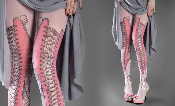 NEW light pink one size Elizabeth full length printed tights closed toe corset drawing pantyhose tattoo tights by tattoo socks, pattern, art