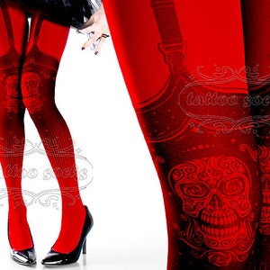Tattoo Tights,  Day of the Dead garters illusion print Red one size full length closed toe printed tights pantyhose