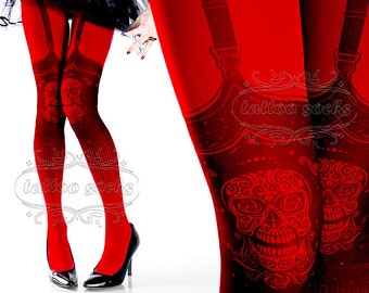 Tattoo Tights,  Day of the Dead garters illusion print Red one size full length closed toe printed tights pantyhose