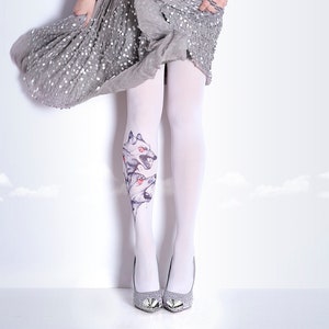 Tattoo Tights Wolfs white full length closed toe pantyhose tattoo socks ,printed tights image 2