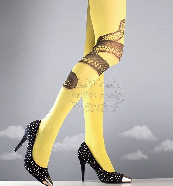 Yellow Snake Closed Toe One Size Full Length Printed Tights Pantyhose  Tattoo Socks Tattoo Tights -  New Zealand
