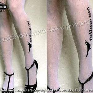 s/m sexy, funny and flirty FOLLOW ME twitter tattoo tights / stockings / full length / pantyhose / nylons WHITE image 3