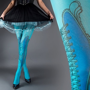 NEW cyan one size Elizabeth full length printed tights closed toe corset drawing pantyhose tattoo tights by tattoo socks image 1