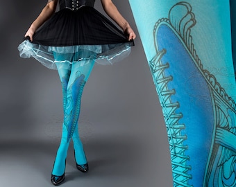 NEW cyan one size Elizabeth full length printed tights closed toe corset drawing pantyhose tattoo tights by tattoo socks