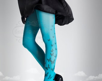 Tattoo Tights, cyan one size Butterfly print full length closed toe printed tights pantyhose, tattoo socks