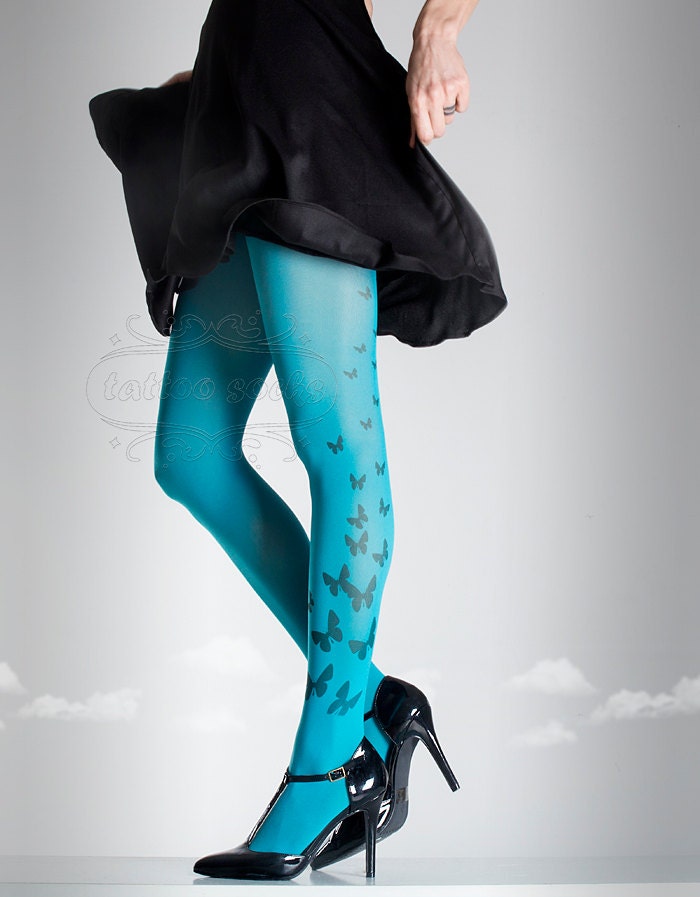 Tattoo Tights, Cyan One Size Butterfly Print Full Length Closed