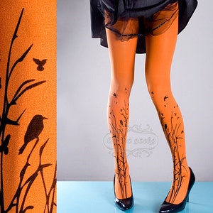 Tattoo Tights orange one size Forest Symphony full length closed toe printed tights pantyhose, tattoo socks, printed nylons image 1