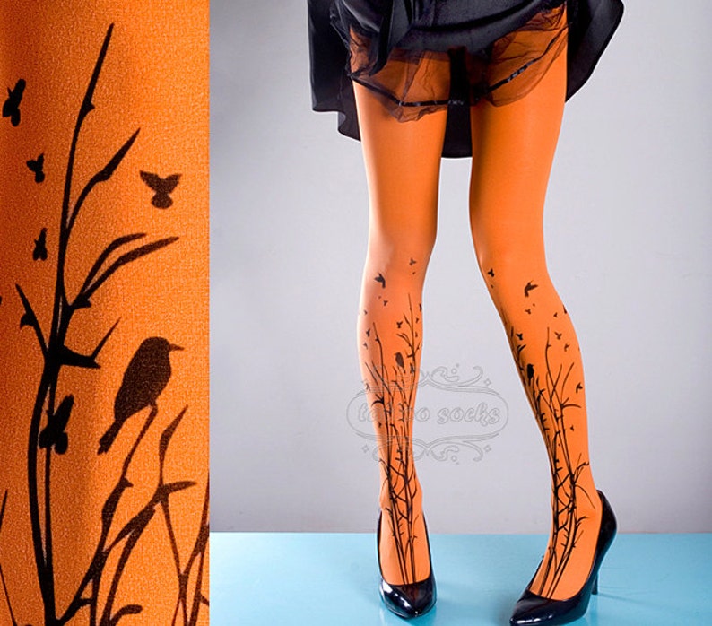 Tattoo Tights orange one size Forest Symphony full length closed toe printed tights pantyhose, tattoo socks, printed nylons image 1