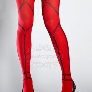 Harness Tattoo Tights red, printed tights, caged pantyhose, bondage, dominatrix, slave tattoo socks image 2