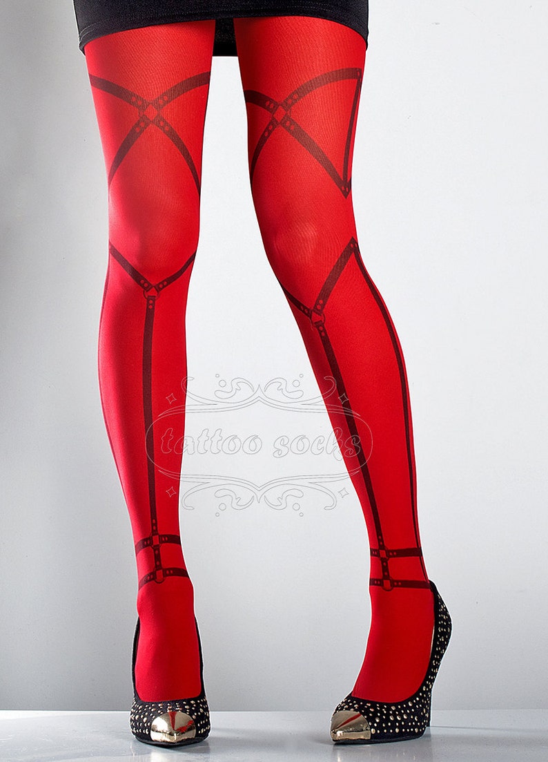 Harness Tattoo Tights red, printed tights, caged pantyhose, bondage, dominatrix, slave tattoo socks image 2