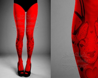 Medias de tatuaje cerradas, rojas, talla única, medias estampadas de largo completo con triple ciervo, pantimedias, calcetines de tatuaje, medias de tatuaje