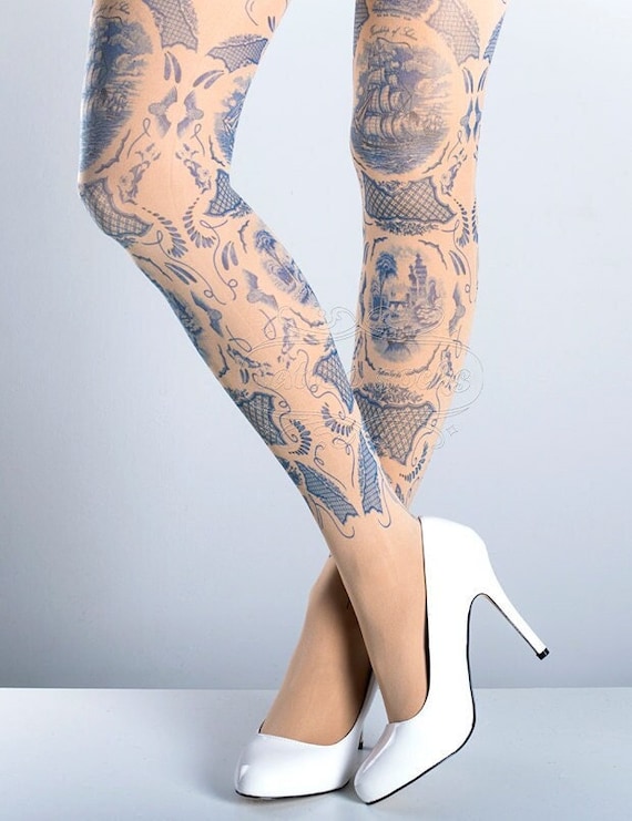 Tattoo Tights China Doll One Size Nude Length Printed -