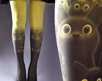 Black Cats, yellow one size, full length printed closed toe tights, pantyhose, tattoo socks, stockings, tattoo tights, great gift for her