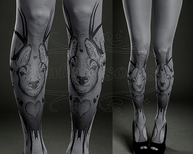 asphalt one size Triple Deer full length printed tights closed toe pantyhose Tattoo Tights