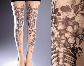 Tattoo Tights, Day of the Dead print, Nude one size full length closed toe printed tights, Plus Size option, skulls, bones, flowers