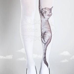 Tattoo Tights Playful Kitten white one size full length closed toe pantyhose tattoo socks ,printed tights, cat, butterfly image 2