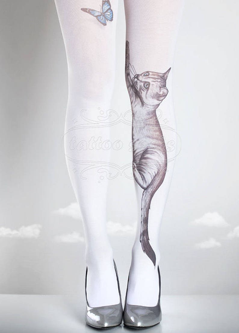 Tattoo Tights Playful Kitten white one size full length closed toe pantyhose tattoo socks ,printed tights, cat, butterfly image 2