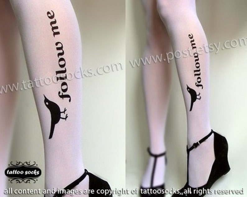 s/m sexy, funny and flirty FOLLOW ME twitter tattoo tights / stockings / full length / pantyhose / nylons WHITE image 2