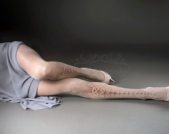 Medias de tatuaje - Lolita Corset Desnuda de longitud completa impresa pantimedias con puntera cerrada, calcetines de tatuaje, ilusión 3D con cordones, opción de talla grande
