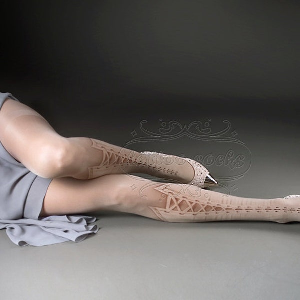 Tattoo Tights - Lolita Corset Nude full length printed closed toe tights pantyhose, tattoo socks, lace up 3D illusion, Plus Size option