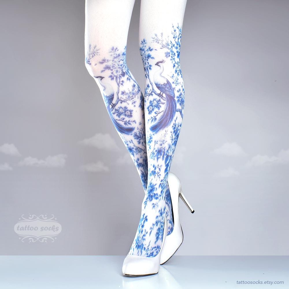 Tattoo Tights -  Royal Porcelain Peacock one size blue and white full length floral printed tights, pantyhose, nylons by tattoosocks