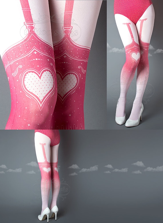 Tattoo Tights, Burlesque Heart Garters Print Light Pink Thigh