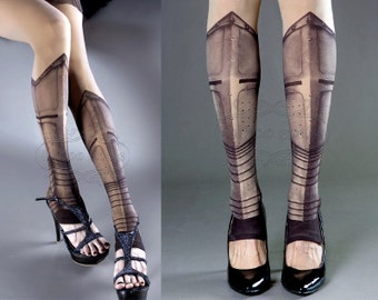 Tattoo Tights -  Warrior Princess nude color one size full length printed tights footless pantyhose tattoo socks, knight, armour, shield