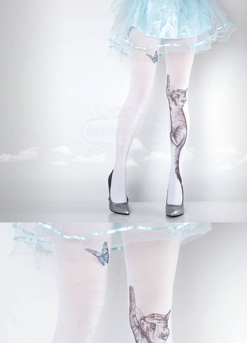 Tattoo Tights Playful Kitten white one size full length closed toe pantyhose tattoo socks ,printed tights, cat, butterfly image 3