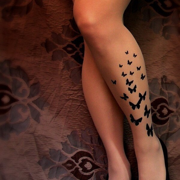 sexy BUTTERFLY TATTOO thigh-high socks deep mocha